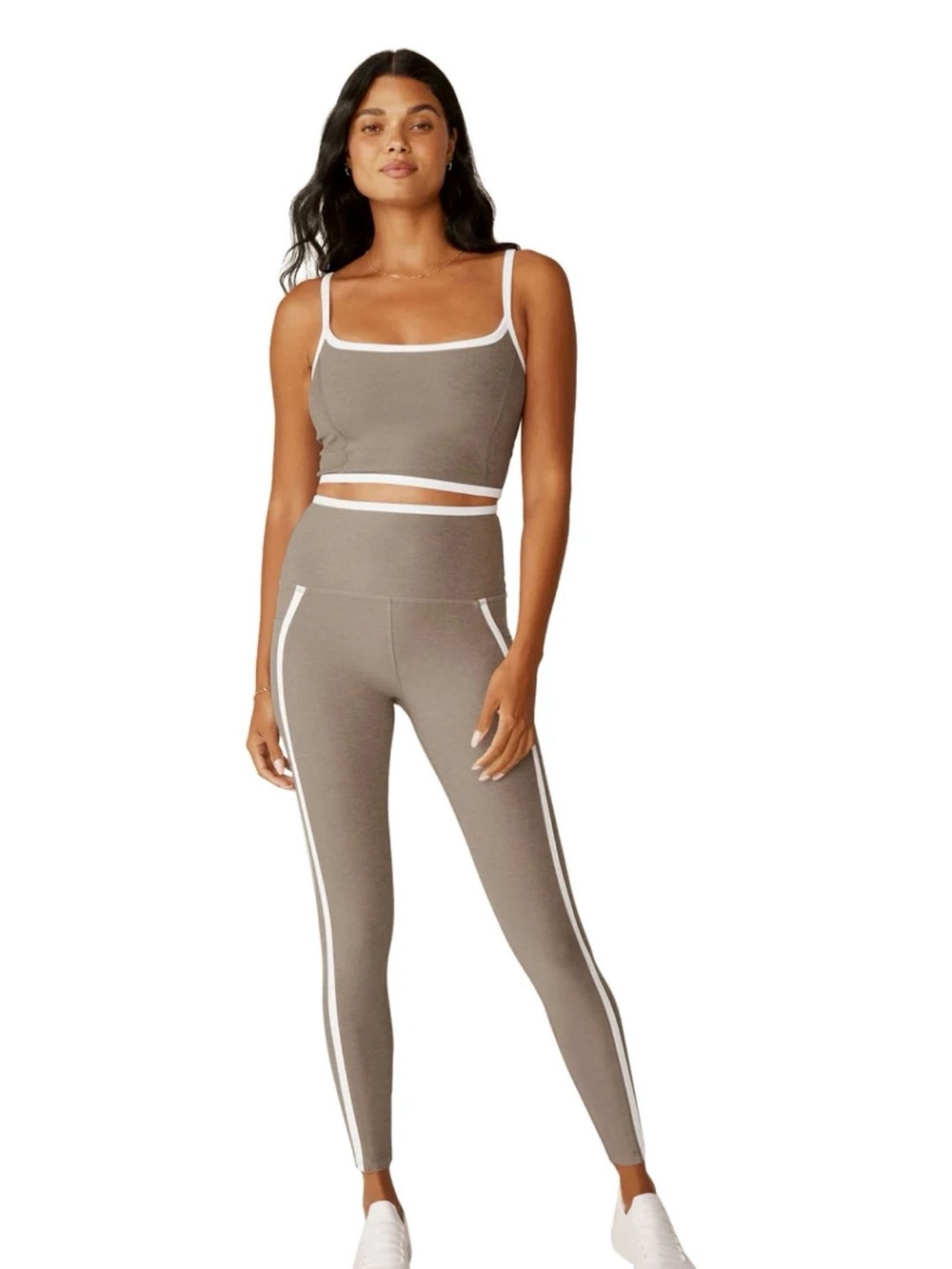 Beyond Yoga Taupe Crop Sports Bra with White Trim